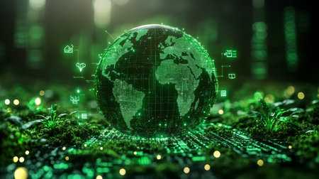 Visual representation of a digital green earth surrounded by nature showcasing technology and sustainability concepts. Generative AIの素材