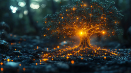 Glowing tree with magical lights illuminating the forest floor in a serene woodland setting during twilight. Generative AIの素材