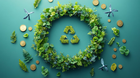 Creative arrangement of green leaves and coins showcasing sustainable living and recycling concept in an artistic display. Generative AIの素材