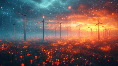Vibrant sunset over wind turbines in a field with glowing flowers illuminating the landscape at dusk. Generative AIの素材