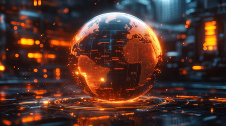 Stylized glowing globe surrounded by digital elements in futuristic city backdrop at nighttime. Generative AIの素材