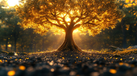 Golden sunlight filters through leaves of a majestic tree in a tranquil forest during the late afternoon. Generative AIの素材