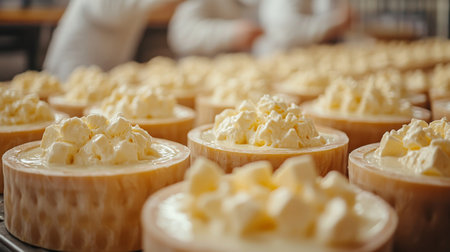 Freshly made cream desserts topped with whipped cream in a dessert shop during a busy afternoon. Generative AIの素材