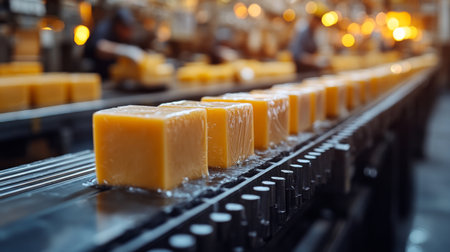 Cheese production process in factory with blocks moving on conveyor belt during daytime operations in industrial setting. Generative AIの素材