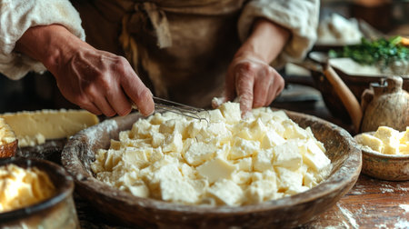 Hands skillfully cutting fresh cheese curds in a rustic kitchen setting during daylight. Generative AIの素材
