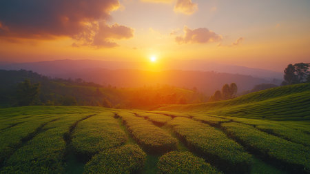 Vibrant sunset over terraced green tea fields in a mountainous region with rolling hills and scattered clouds. Generative AIの素材