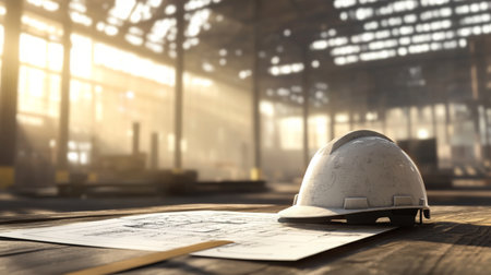 Construction plans and hard hat in a sunlit warehouse environmentの素材