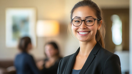 Real estate agent smiling in modern office setting during a business meetingの素材