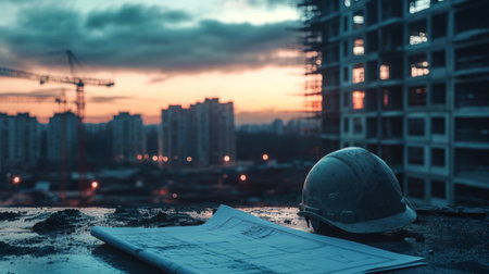 Construction site at sunset with plans and hard hat highlighting real estate developmentの素材