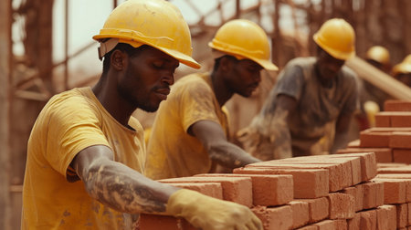 Skilled workers constructing a building with bricks at a real estate site in the afternoonの素材