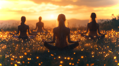 Meditation practice at sunset with multiple individuals in a serene natural setting. Generative AIの素材