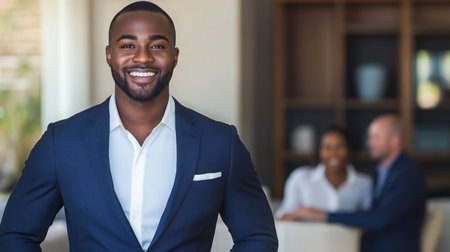 Professional real estate agent interacting with clients in a modern office settingの素材