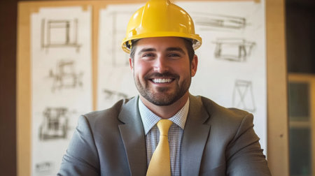 Professional real estate agent in a hard hat smiling confidently in an office settingの素材