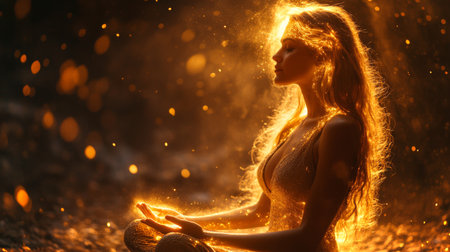 Woman meditating in warm light surrounded by sparkling dust particles in a serene setting. Generative AIの素材