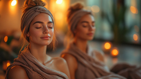 Relaxation and tranquility experienced by two women in a serene spa setting during the evening. Generative AIの素材