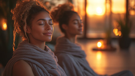 Two women practicing mindfulness meditation during sunset in a serene indoor setting with soft lighting and calming decor. Generative AIの素材