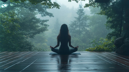 Peaceful meditation in a forest during foggy morning with lush greenery surrounding a serene deck. Generative AIの素材