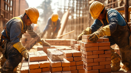 Construction workers using bricks on a building site with a focus on teamwork and laborの素材