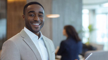 Professional man engages with clients in modern real estate office environmentの素材