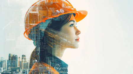 Innovative female engineer in construction with cityscape overlay and technology elementsの素材