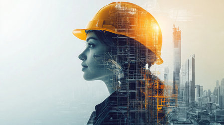 Innovative woman in hard hat symbolizes real estate and technology advancementの素材