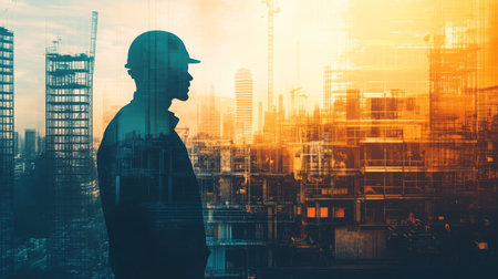 Construction professional overseeing urban development at sunset near a skyscraperの素材