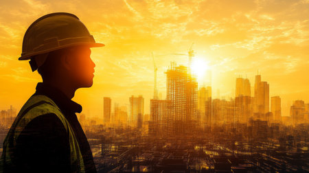 Construction worker enjoying the sunset over an urban skyline during a project completionの素材