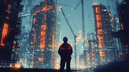 Urban construction site with advanced ai technology in real estate developmentの素材