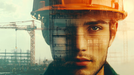 Construction worker in augmented reality showcasing future real estate developmentsの素材