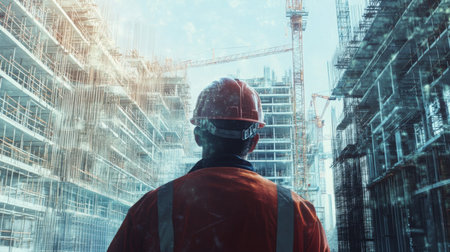 Construction worker overlooking a real estate building site with cranes and scaffoldingの素材