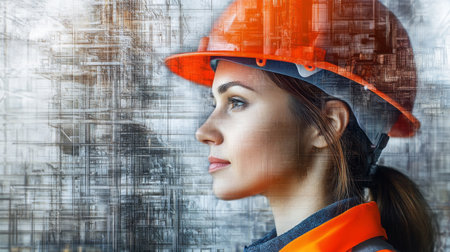 Construction professional focuses on innovative building solutions in urban settingの素材
