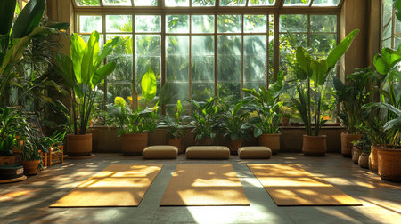Tranquil yoga space with natural light and vibrant greenery in a serene setting. Generative AIの素材