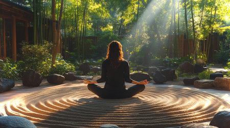 Meditation practice in a tranquil garden surrounded by nature during the day. Generative AIの素材