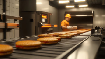 Modern ai-driven food production line processes burgers efficiently in a busy kitchenの素材