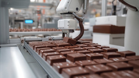 Robotic arm placing chocolate bars on production line in food manufacturing facilityの素材