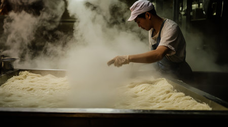 Steamy food production line with chef preparing noodles in bustling kitchenの素材