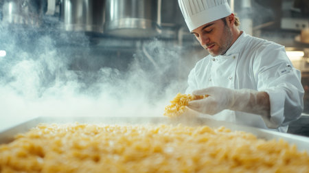 Chef prepares fresh pasta in a busy kitchen with steam rising from the production lineの素材