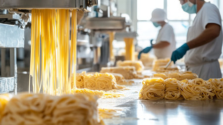 Pasta production line with advanced technology and skilled workers preparing fresh noodlesの素材