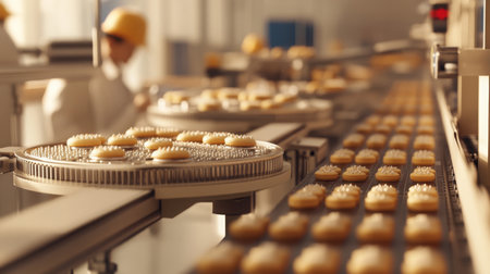 Efficient ai-driven food production line creating cookies in a modern facilityの素材