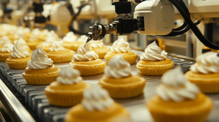 Automated production line for cupcakes with icing in a food manufacturing facilityの素材