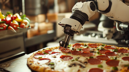 Robot arm assembles pizza with precision on a busy food production lineの素材