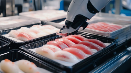 Robotic arms efficiently handle food items on a production line in a modern facilityの素材