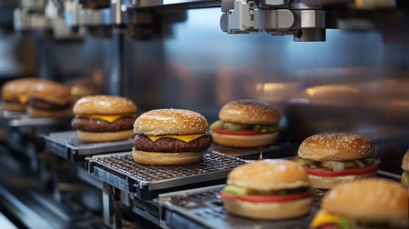Automated food production line creates burgers with precision in modern facilityの素材