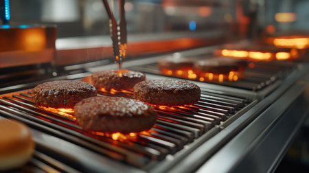 Modern food production line features advanced ai technology grilling burgers efficientlyの素材