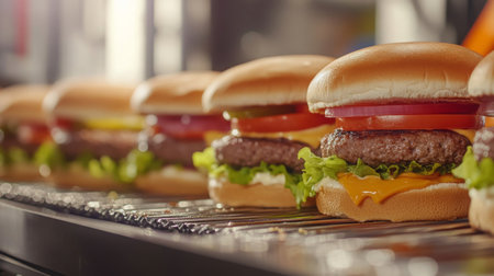 Freshly assembled burgers on a production line ready for service in a busy kitchenの素材