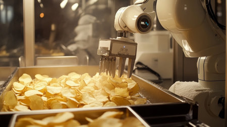 High-tech robot assisting in food processing on production line for snack manufacturingの素材