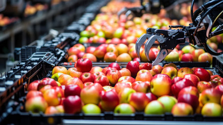 Automation in food production with robots sorting fresh apples on a bright assembly lineの素材