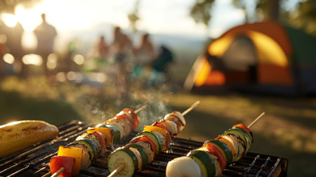 Enjoying grilled vegetable skewers at a lively camping gathering in the evening lightの素材