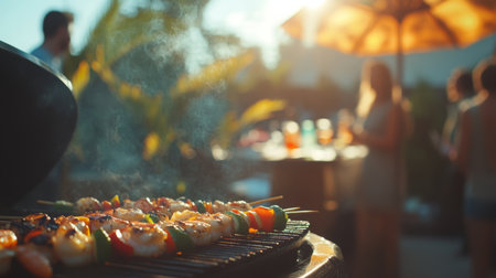 Grilling flavorful skewers at a vibrant outdoor gathering during sunsetの素材