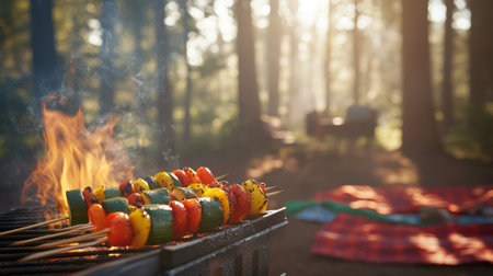 Grilled vegetables skewers cooking in a serene forest setting during golden hourの素材
